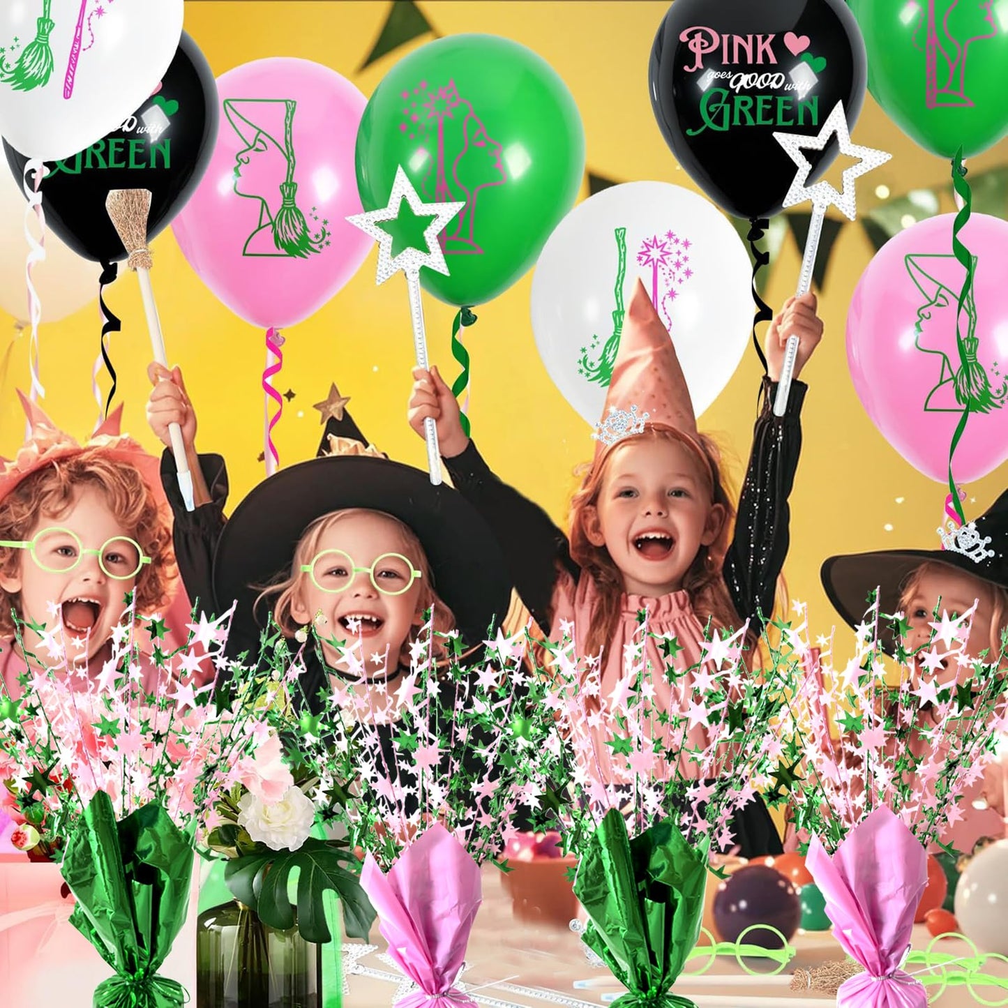 6 Pack Pink Green Witch Birthday Party Decoration Metallic Foil Spray Centerpiece Star Table Decoration Burst Table Centerpieces for Halloween Witch Princess Holiday Party Supplies Decor