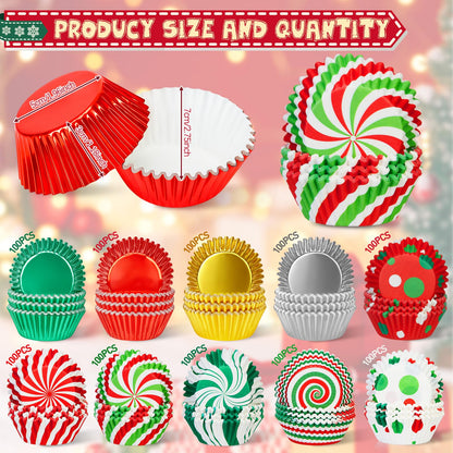 YooNotee 1000pcs Christmas Cupcake Liners Foil Baking Cups Muffin Cupcakes Wrappers Disposable Chocolate Cake Wrap Making Supplies for Holiday Xmas Party Supplies Decorations