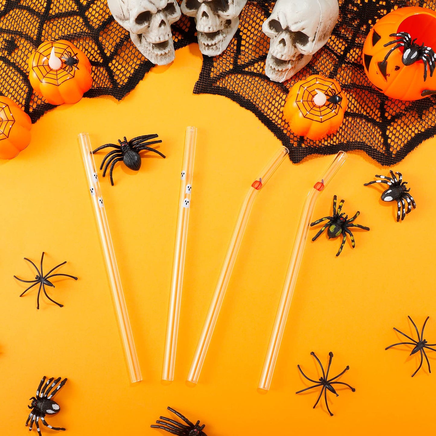 Yoande 10 Pcs Glass Drinking Straws Charms Cute Reusable Straws Glass Brush Clear Drinking Sucker Spring Party Decor Bachelorette Decor Bridal Engagement Drinkware (Pumpkin, Ghost)