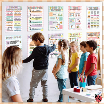 Humyoun 20 Pcs Parts of Speech Poster for Elementary Classroom Grammar Poster Educational English Class Must Have for Elementary Middle School Classroom Decor, 14x11 Inch (Pastel,Gingham)