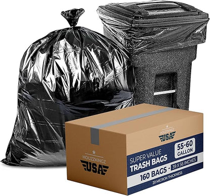55 Gallon Large Trash Bags – 160 Mega Pack – 20 Micron Black Contractor Garbage