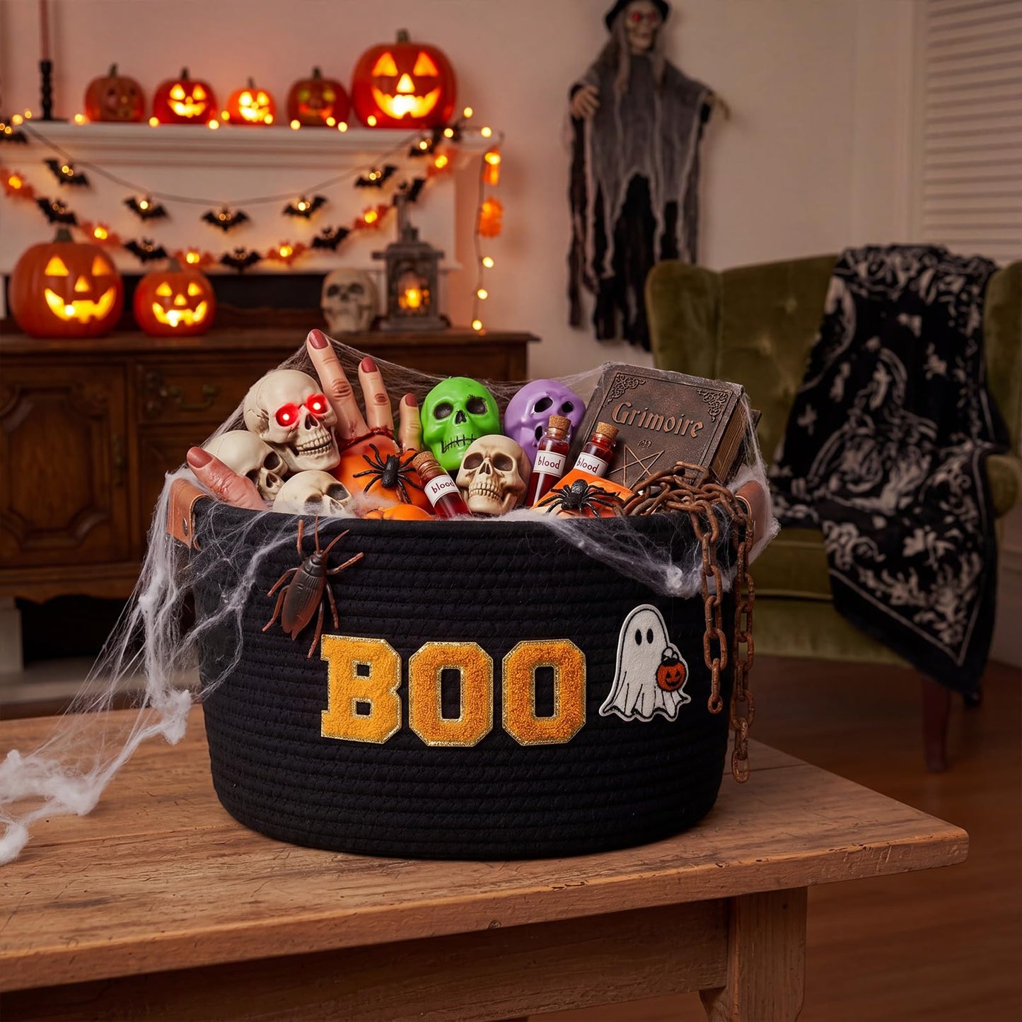 Acellegic Halloween Woven Rope Basket 13 x 8.7 x 7.9 Inch BOO Ghost Decorative Storage Basket with Ghost Pendant Halloween Candy Bowl Trick or Treat Bucket Party Favors for Home Nursery Organizer