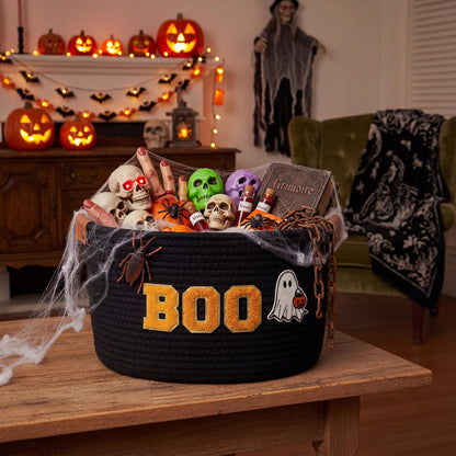 Acellegic Halloween Woven Rope Basket 13 x 8.7 x 7.9 Inch BOO Ghost Decorative Storage Basket with Ghost Pendant Halloween Candy Bowl Trick or Treat Bucket Party Favors for Home Nursery Organizer
