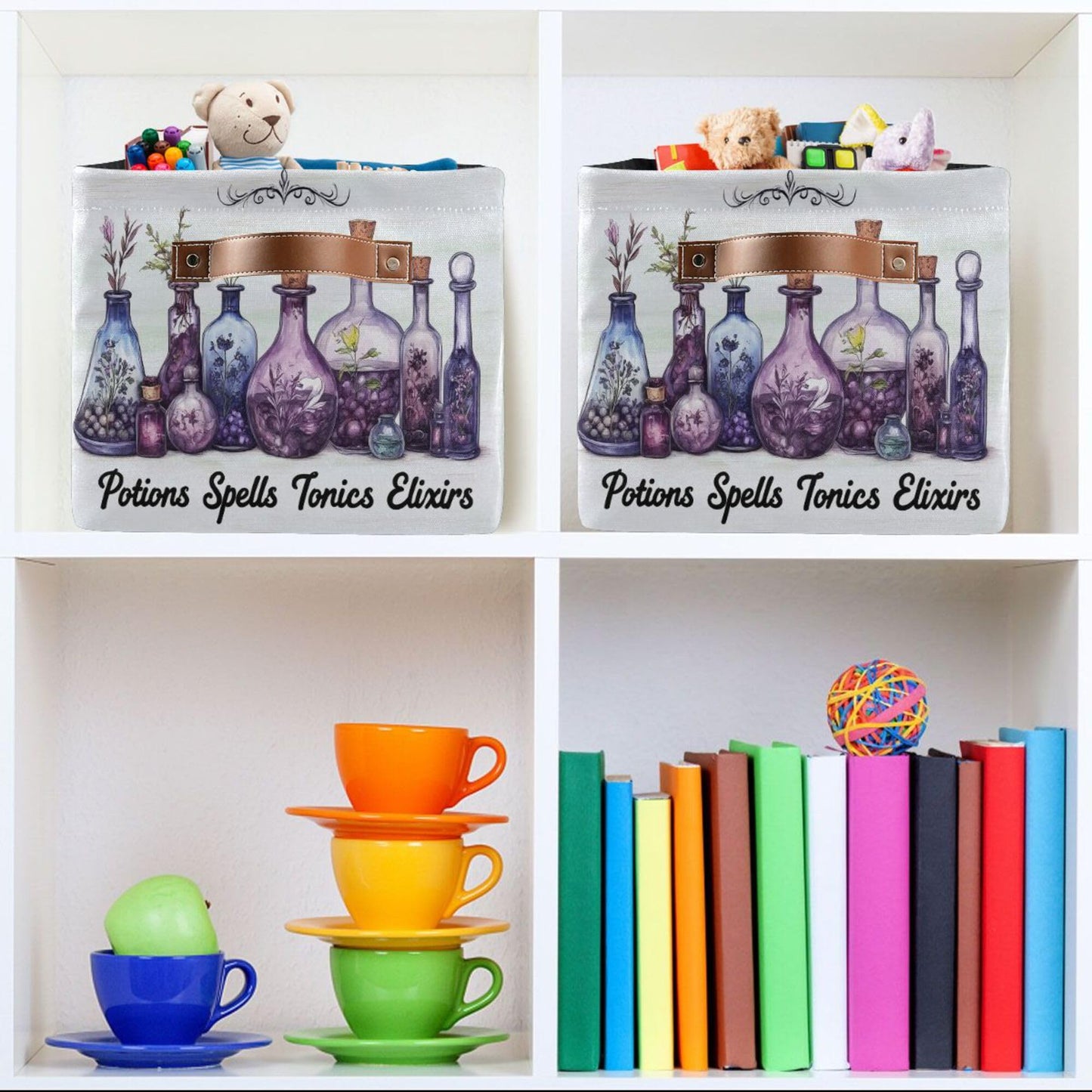 Halloween Witch Potions Storage Basket with Waterproof Liner and PU Handles Purple Herb Spooky Storage Bins Boxes 14.2" Collapsible Decorative Organizer Baskets for Bedroom Closet Office 1 Pack