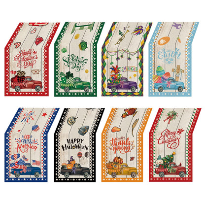 YOVOYOA 8 Pcs Truck Holiday Table Runner 72 Inches Long, Plaid Valentines Day St Patricks Day Mardi Gras Easter 4th of July Halloween Thanksgiving Day Christmas Burlap Table Decor for Home Party