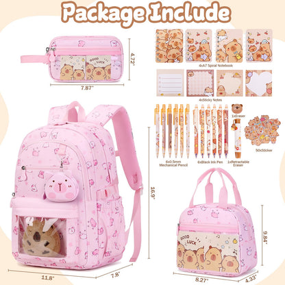 Similove Capybara Theme Backpack for School Girls, 35PCS Kids Backpack Set with School Supplies Stationery Kit Lunch Box Pencil Case, Cute Girls Bookbag for Kindergarten Elementary Student