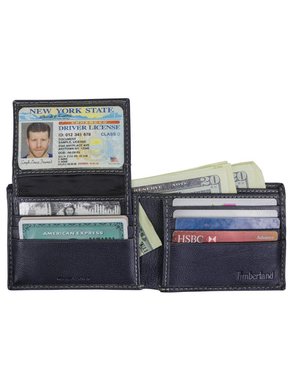 Timberland Men's RFID Blocking Wallet – Genuine Leather Passcase with Removable ID Holder, 6 Card Slots, 2 Billfold Pockets, Slim Design, Navy Blue, One Size