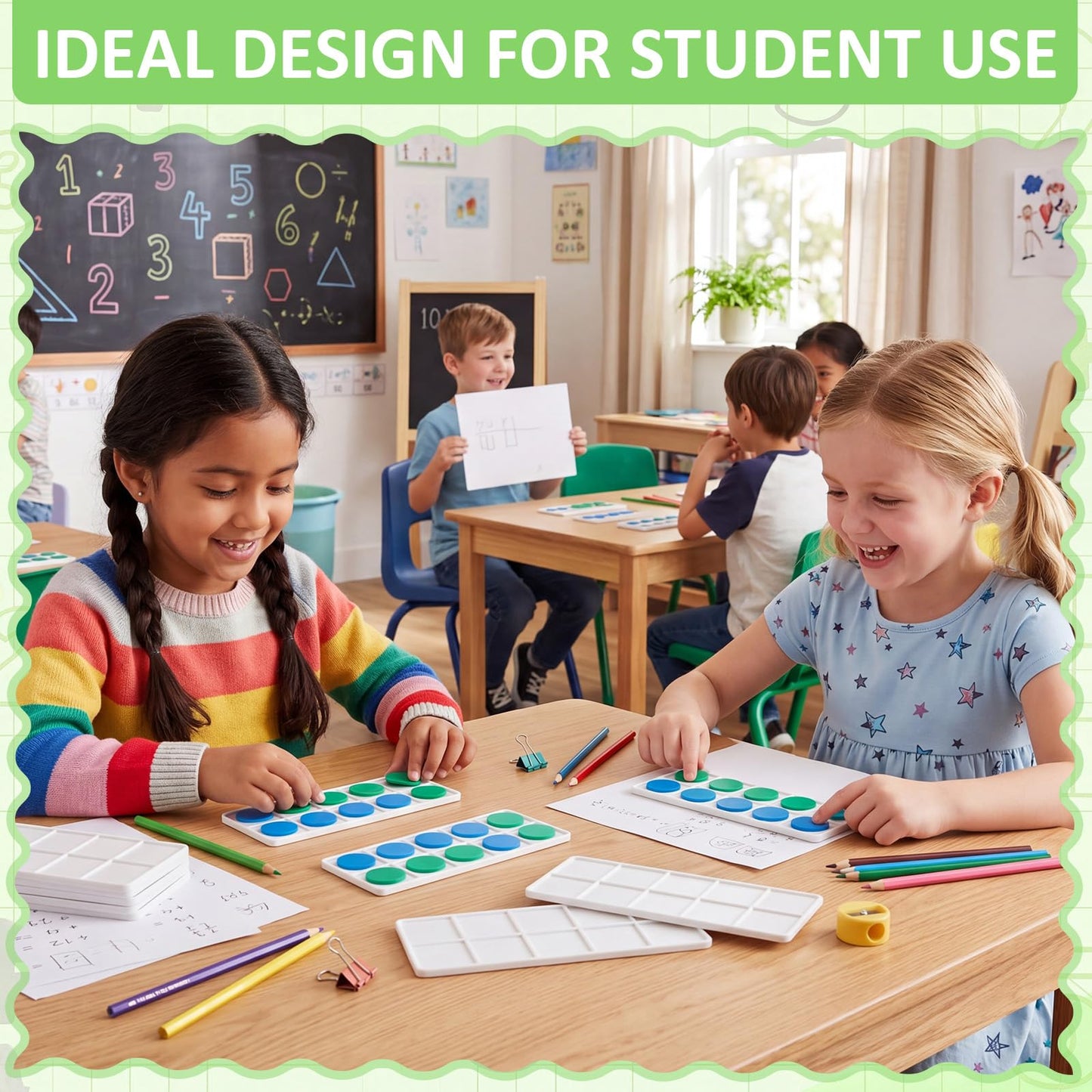 Soulchen 12 Sets Plastic Ten Frames for Classroom Math Manipulatives for Kids Classroom Math Counters Supplies Including 12 Plastic Ten Frames, 120 Counters for Teach Number Concepts (Green,Blue)