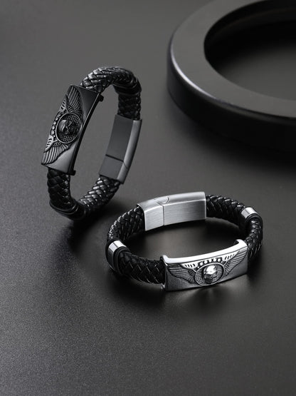 ChainsHouse Mens Braided Leather Black Bracelets Bangles, Wing Skull Bracelet for Dad Husband, 23cm