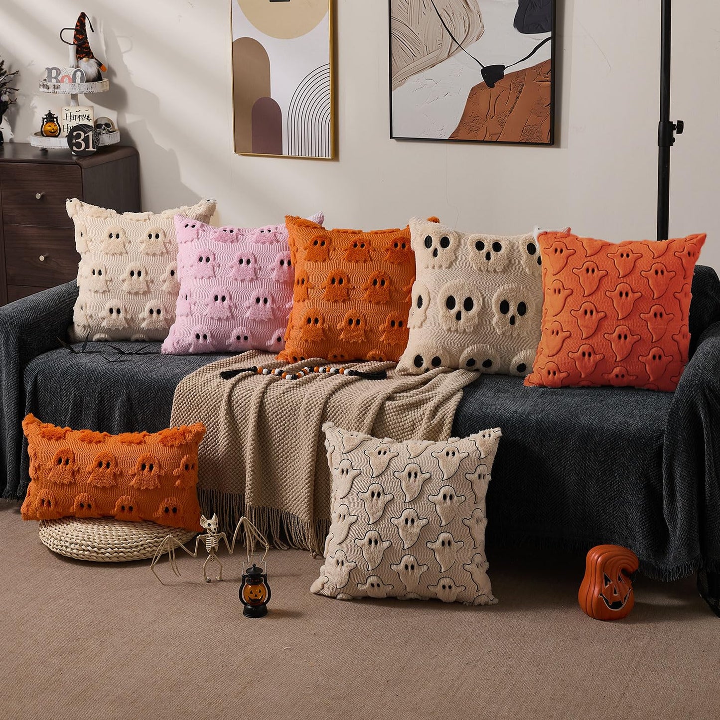 DFXSZ Halloween Pillow Covers 18x18 inch Set of 2 Black Eyes Orange Ghost Throw Pillow Cases Soft Plush Faux Fur Wool Couch Cushion Case for Chair Sofa Bedroom Living Room Home Decor PTK056C18