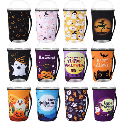 Boao 12 Pcs Reusable Neoprene Tumbler Sleeve with Handle Insulated Cup Sleeve for Iced Coffee Cold Drink Anti Condensation No Sweat for Summer Beach Hawaii Party(Purple,32 Ounce,Halloween Style)