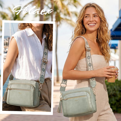 HILAEX Small Leather Crossbody Bags for Women Anti theft Purses and Handbag Shoulder Hangbag with Wide Strap Tassel Pale Green