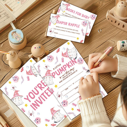 HQLOW Pink A Little Pumkin Halloween Boo! 25 Baby Shower Invitations with Envelopes Diaper Raffle Cards Book Cards for Baby Announcement, Gender Reveal, Party Invitations-09