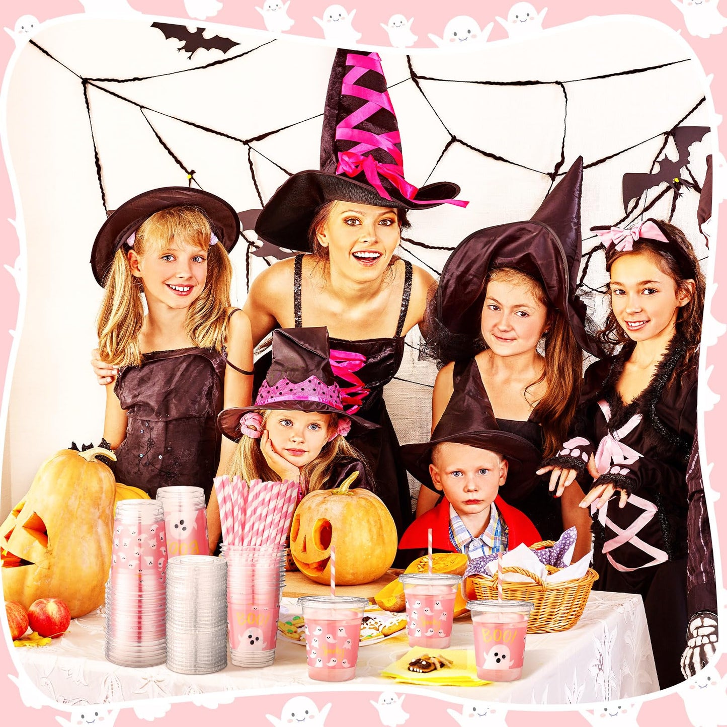 Jingmore 50 Pcs Halloween Ghost Party Disposable Plastic Cups 12 oz with Lids Straws Themed Party Supplies Plastic Tumbler for Birthday Table Decorations Favors(Pink)