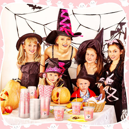 Jingmore 50 Pcs Halloween Ghost Party Disposable Plastic Cups 12 oz with Lids Straws Themed Party Supplies Plastic Tumbler for Birthday Table Decorations Favors(Pink)