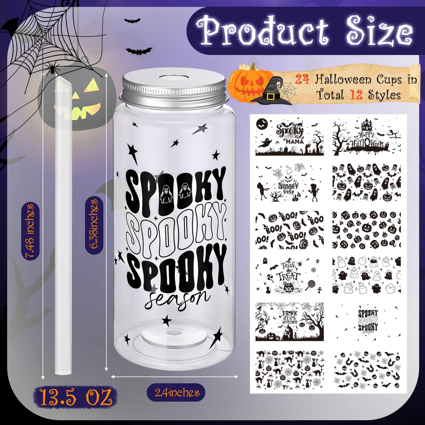 Pickmesh 48 Pcs Halloween Cups 13.5 oz Ghost Spooky Plastic Cups with Lids and Straws Bulk for Halloween Party Supplies Pumpkin Skinny Drinking Tumblers Mugs Gifts for Women