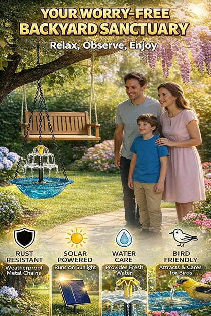 Solar Cascade Hanging Bird Bath Fountain, 2026 New Outdoor Hanging Bird Bath with Solar Fountain, Large Humming Birds Baths Fountains, with Solars Pump & Glass Bowl, for Outdoor, Gardens (#3)