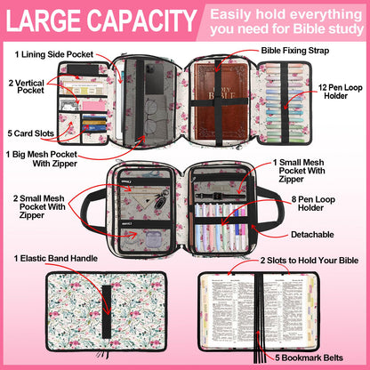IBOVODI Pink Floral Bible Cover Case for Women, Cute Flower Large Bible Bag Book Carrying Bag with Strap Handle Zipper Pockets, Pens and Highlighters Cross Clips for Bible Study & Church