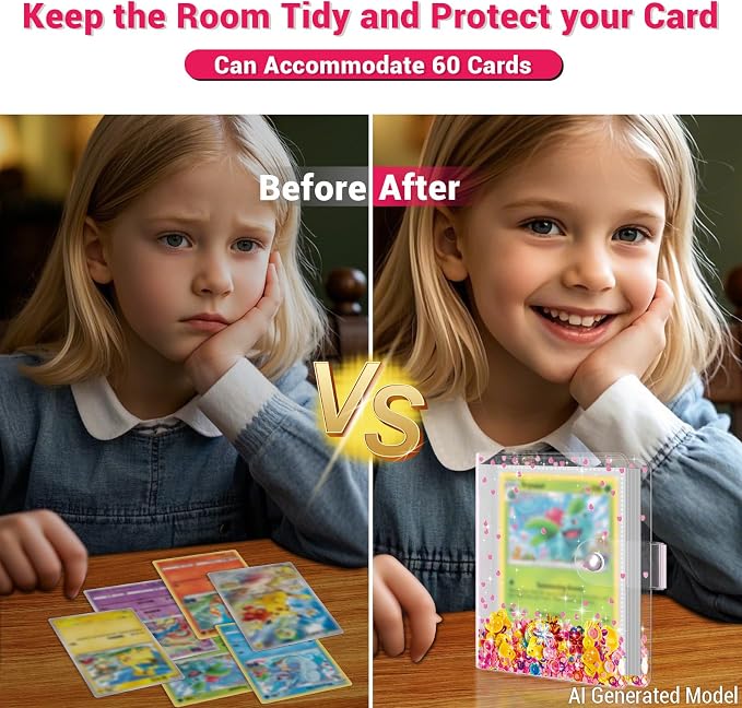 Transparent Pink Card Binder for Pokemon, Cute Card Binder for Game Cards Trading Cards, Small Card Booklet for 3~10 Year Girls Gifts, Stocking Stuffers (Holds 60 Cards)