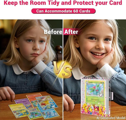 Transparent Pink Card Binder for Pokemon, Cute Card Binder for Game Cards Trading Cards, Small Card Booklet for 3~10 Year Girls Gifts, Stocking Stuffers (Holds 60 Cards)