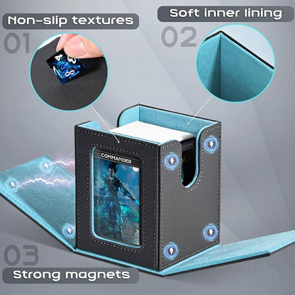 ZLCA MTG Deck Box with Commander Window Display, Commander Deck Box Holds 100 Double-Sleeved Cards Suitable for Magic the Gathering/TCG/CCG/PTCG/EDH/Sport Cards (Grey&Blue)