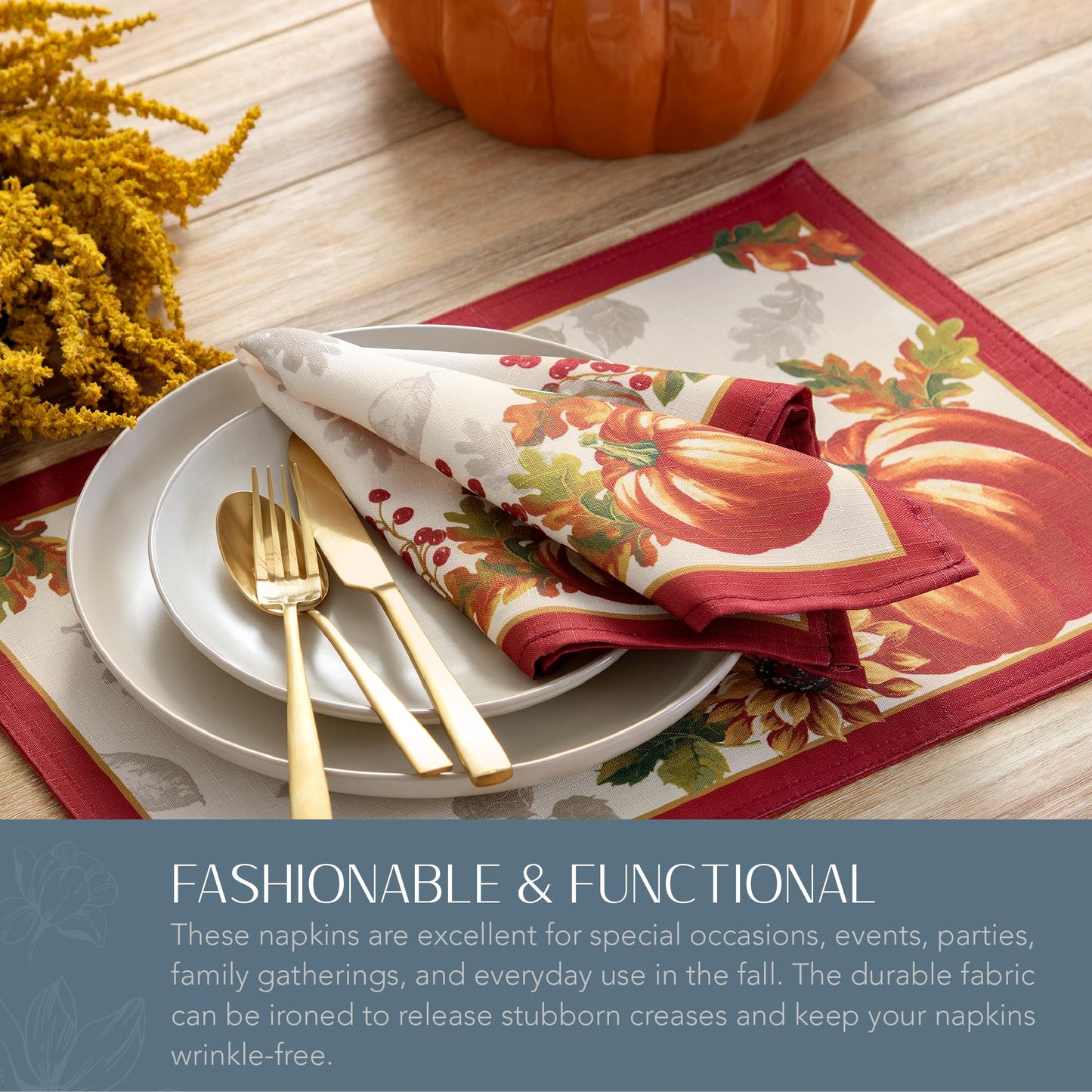Elrene Home Fashions Swaying Leaves Bordered Fall Napkins, Seasonal Dinner Napkins for Formal or Everyday Use, 17" x 17", Set of 8