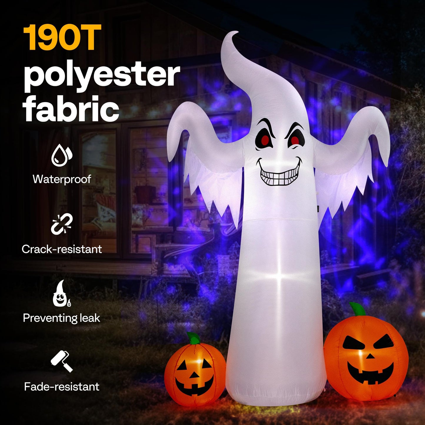 VIVOHOME 9FT Halloween Inflatable Yard Decor, Giant Ghost with 2 Pumpkin, Outdoor Blow Up with Built-in LED Light for Lawn, Garden, Party