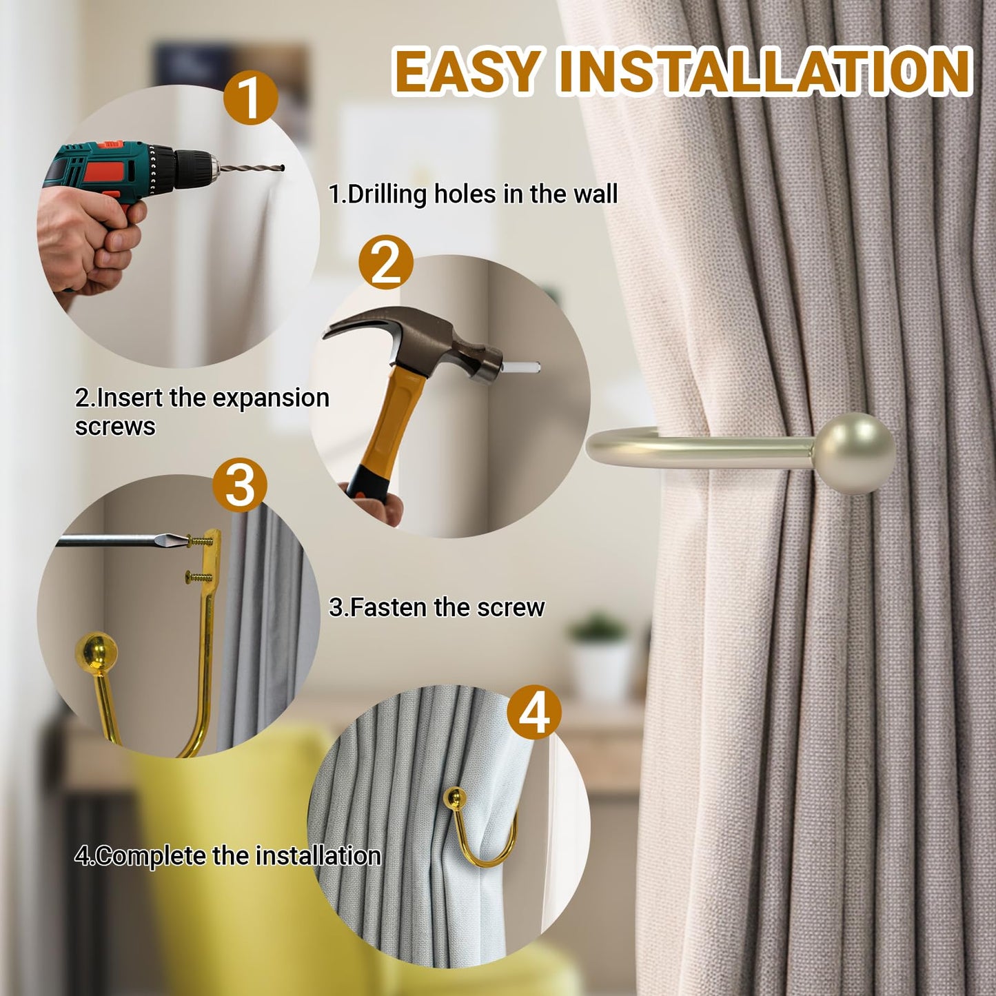 Gripebao 4 Pack Curtain Drapery Holdbacks, Curtain Pull Backs Wall Mount, Metal Tieback Hooks, Window Treatment Holdbacks, Decorative Curtain Holders for Wall, Curtain Tie Backs Side Hooks, Gold