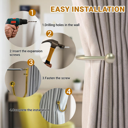 Gripebao 4 Pack Curtain Drapery Holdbacks, Curtain Pull Backs Wall Mount, Metal Tieback Hooks, Window Treatment Holdbacks, Decorative Curtain Holders for Wall, Curtain Tie Backs Side Hooks, Gold