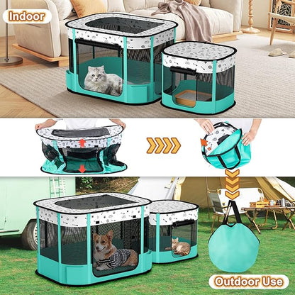 Portable Cat Playpen, 8-Rod Reinforced Kitten Dog Playpens, Foldable Play Pen for Indoor Cats Enclosed Pet Puppy Doggy Outdoor, Collapsible Tent Kennel Cage House(32"x24"x22")
