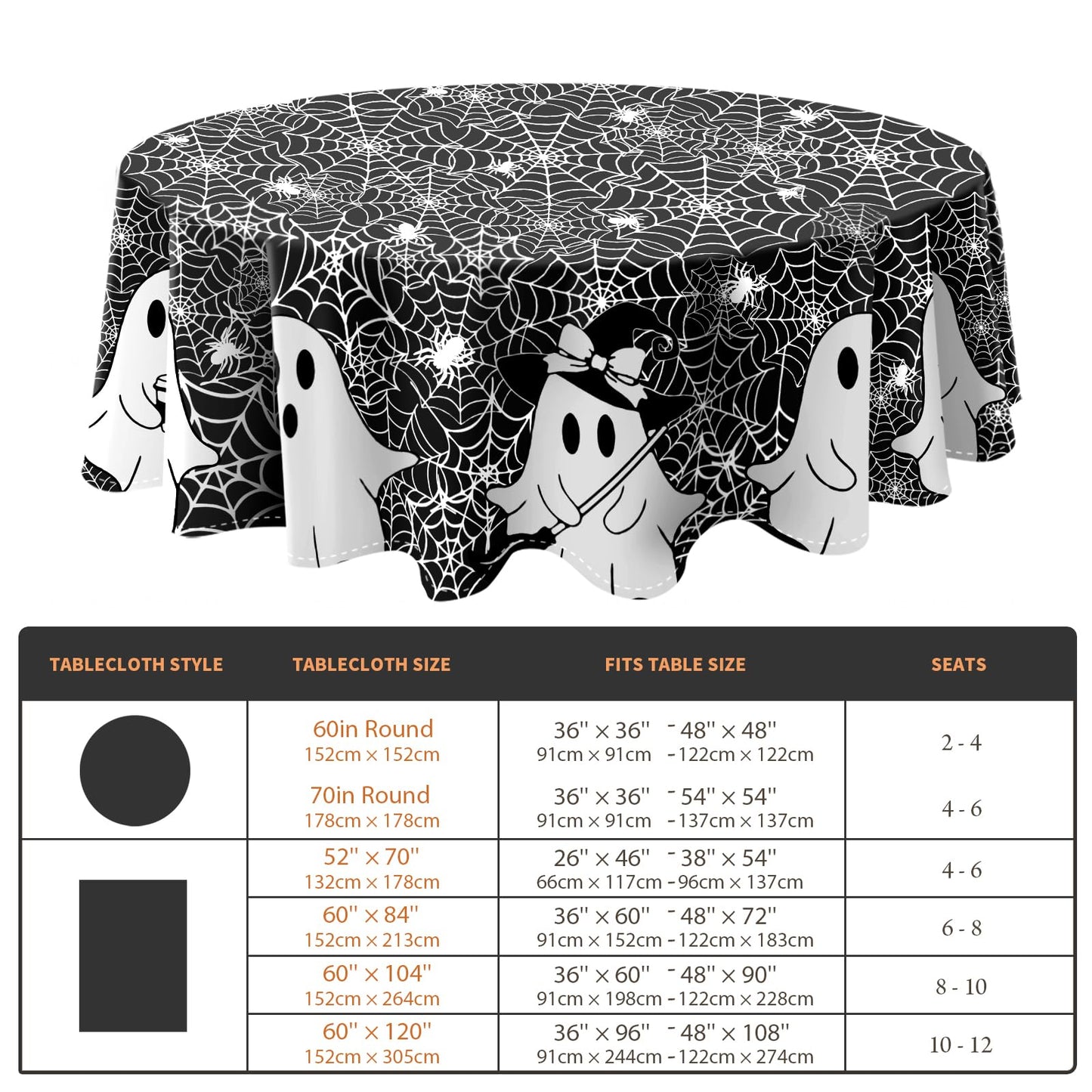 QIALETS Halloween Tablecloth Round 60 Inch Spooky Ghost Spider Web Black Table Covers Washable for Indoor Outdoor Dining Home Party Holiday Decorations
