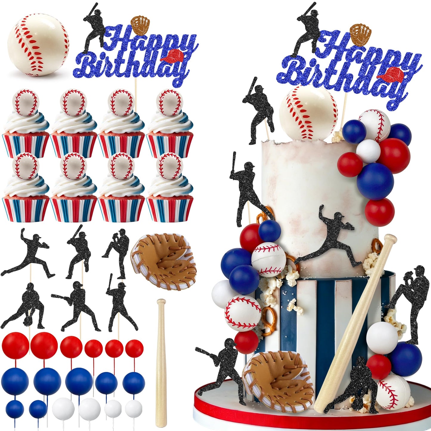 35 PCS Red Blue Baseball Cake Topper Decorations Balls Cupcake toppers Gloves Bats for Boys Sports Baseball Softball Theme Birthday Party Decorations
