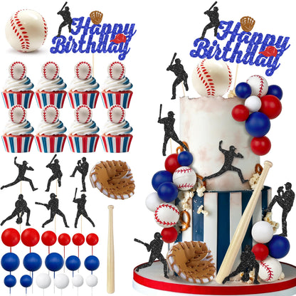 35 PCS Red Blue Baseball Cake Topper Decorations Balls Cupcake toppers Gloves Bats for Boys Sports Baseball Softball Theme Birthday Party Decorations