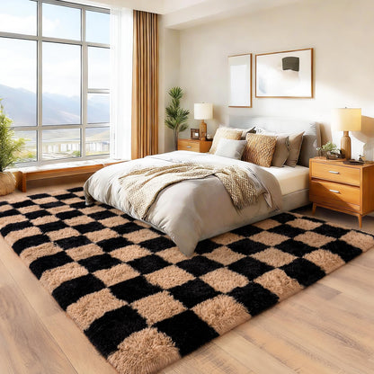 Checkered Rug 4x6 for Bedroom, Ultra Fluffy Shag Area Rugs for Living Room, Upgrade Anti-Skid High Pile Soft Rug Fuzzy Carpet for Living Room Bedroom Kids Room Nursery, Dorm Home Decor, Black & Beige