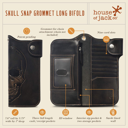 House of Jack Co. Skull Biker Wallet for Men, Long Motorcycle Wallet with Grommet & Snap Closure, Full-Grain Cowhide Leather, Vintage Black (Chain Not Included)