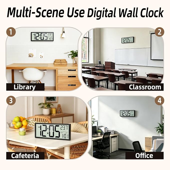 16" Digital Wall Clock, Battery-Operated with Large LCD Display, Jumbo Number Modern Decorative Clock with Alarm, Date, Calendar, Temperature for Elderly, Senior Bedroom, Living Room, Kitchen