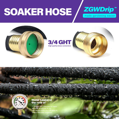 ZGWDrip 150FT 1/2" Water-Saving Soaker Hose with Solid Brass Connectors, Drip Irrigation Kit for Lawn & Landscaping with Metal Ground Stake & Accessory Kit