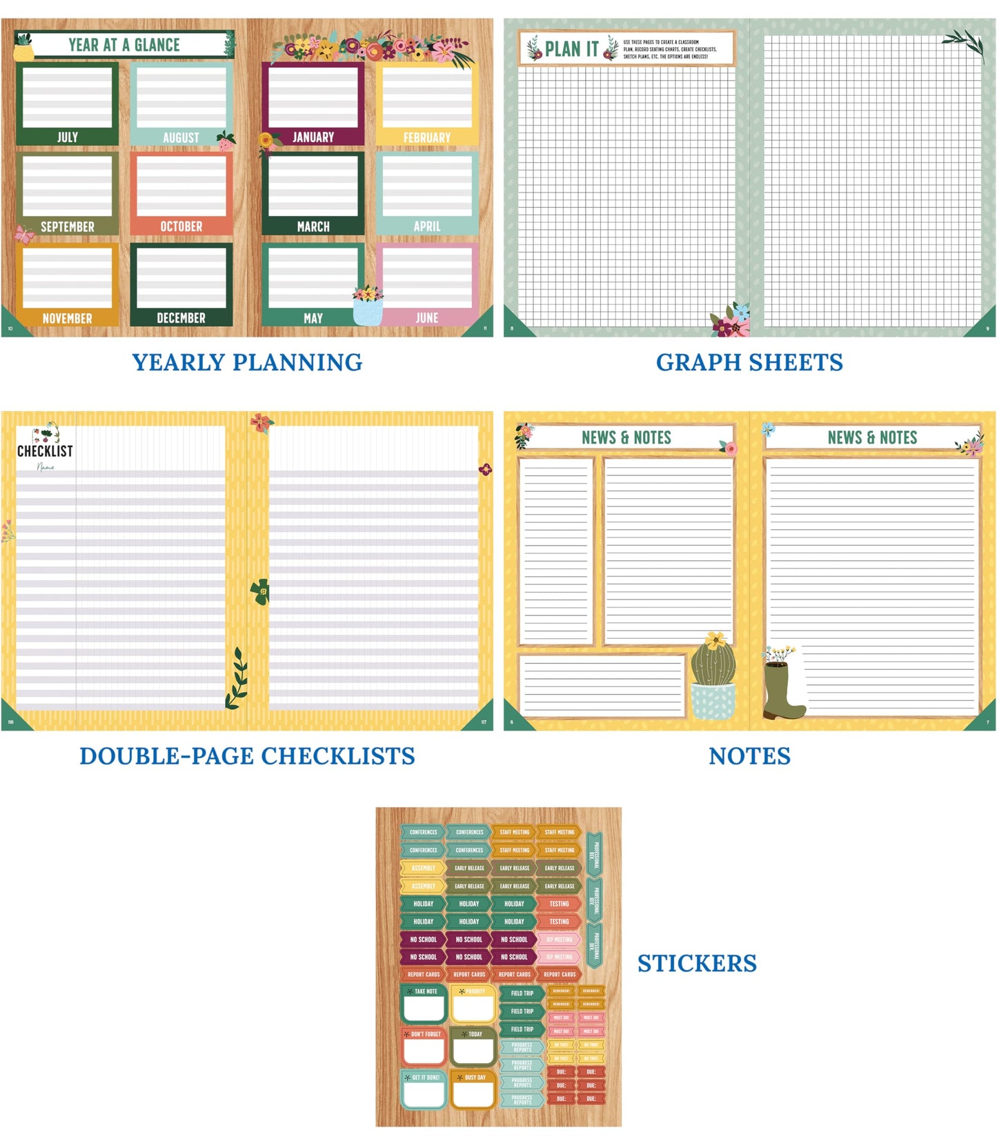 Carson Dellosa Grow Together Teacher Planner, 2026-2027, 8" x 11" Green Spiral Bound Lesson Plan Book With Stickers, Checklist, Notes, Garden Theme School Supplies for Classroom Organization
