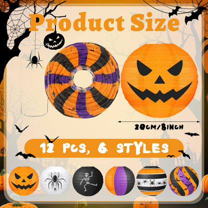 ADLKGG Halloween Party Decorations, Black Orange Purple Hanging Spider Bat Pumpkin Skeleton Paper Lantern for Halloween Birthday Decorations, Trick-or-Treating Events, Wedding,Garden Home Decor, 12pcs