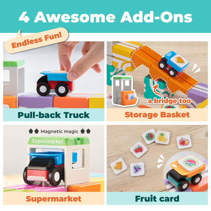 QBI Magnetic Blocks for Toddlers Ages 2-4｜STEM Magnetic Building Blocks with Trucks & Fruit Tiles｜Montessori Magnet Building Cubes for Kids｜Educational Gifts for Boys & Girls Ages 2+ (32PCS)