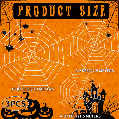 1.5M 2.5M 3.3M Spider Web 3 Pieces Large Halloween White Spider Web Decoration Scary Realistic Spider Web Rope Props with Elastic Rope for Halloween Yard Room Wall Window Door Haunted House Decoration