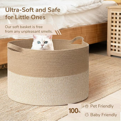 INDRESSME 115L Extra Large Woven Baskets for Storage, Wicker Basket for Living Room Decor Laundry Baskets for Blankets Clothes Pillows Towel Shoe Basket for Entryway, White & Jute
