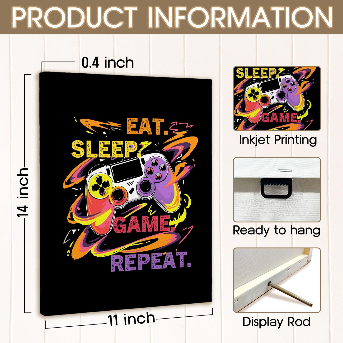 XINCEYWJ Gaming Gamer Room Wall Decor, Eat Sleep Game Repeat Canvas Art Prints Framed, Toddler Boy Room Decor, Anime Gaming Theme Wall Art for Children Youth Boy Room Nursery Room, 11x14 In