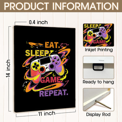 XINCEYWJ Gaming Gamer Room Wall Decor, Eat Sleep Game Repeat Canvas Art Prints Framed, Toddler Boy Room Decor, Anime Gaming Theme Wall Art for Children Youth Boy Room Nursery Room, 11x14 In