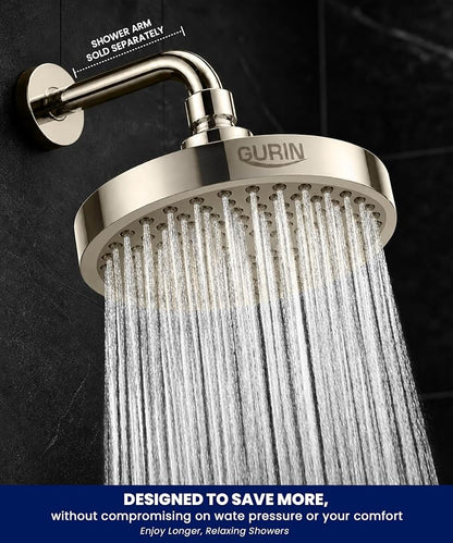GURIN Shower Head - Powerful High Pressure Rain Shower Head 6 Inch - Luxury Rainfall Showerhead with Adjustable Angles, 90 Anti-Clog Nozzles, Tool-Free 1-Min Install, Premium Brushed Nickel Finish
