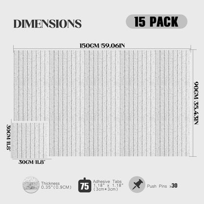 59 x 36 Felt Bulletin Board Tiles - 15 Pack 150g High-Density Sound Absorbing Panels, Slat Wall Cork Board Alternative for Office & Home, Includes 30 Pushpins & 75 Adhesive Tabs, Light Gray