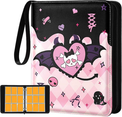 for 9 Pocket Trading Card Binder for 900 Cards - Cute Large Capacity Card Collection Album Folder with Zipper for Women Girls Teens Heart Skull Design for Sports, TCG, Game Cards