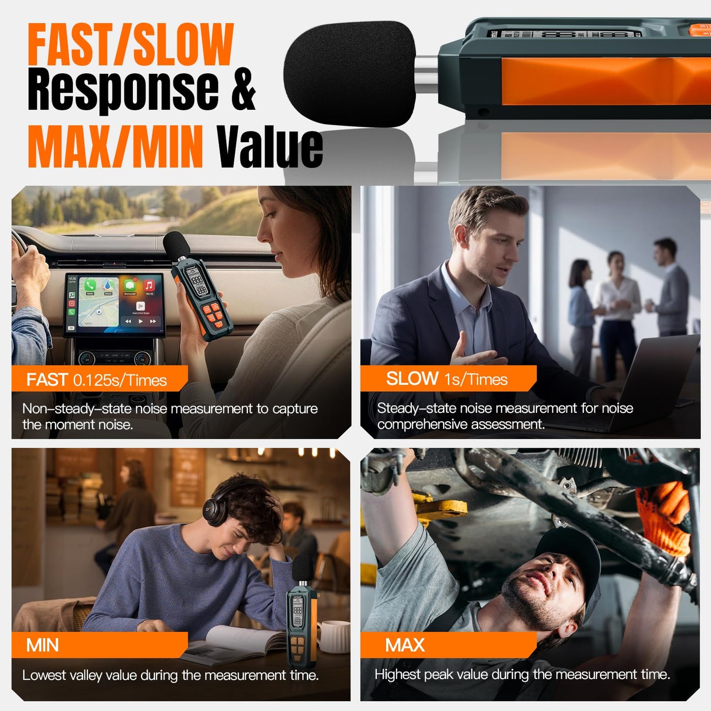 Decibel Meter, Goldeep SL750A Digital Sound Level Meter 30-130dB, A/C Weighted DB Meter with dB/SONE, Fast/Slow, MAX/MIN, LCD Sound Meter for Home, Office, Factory, Neighbor Noise - Vitality Orange