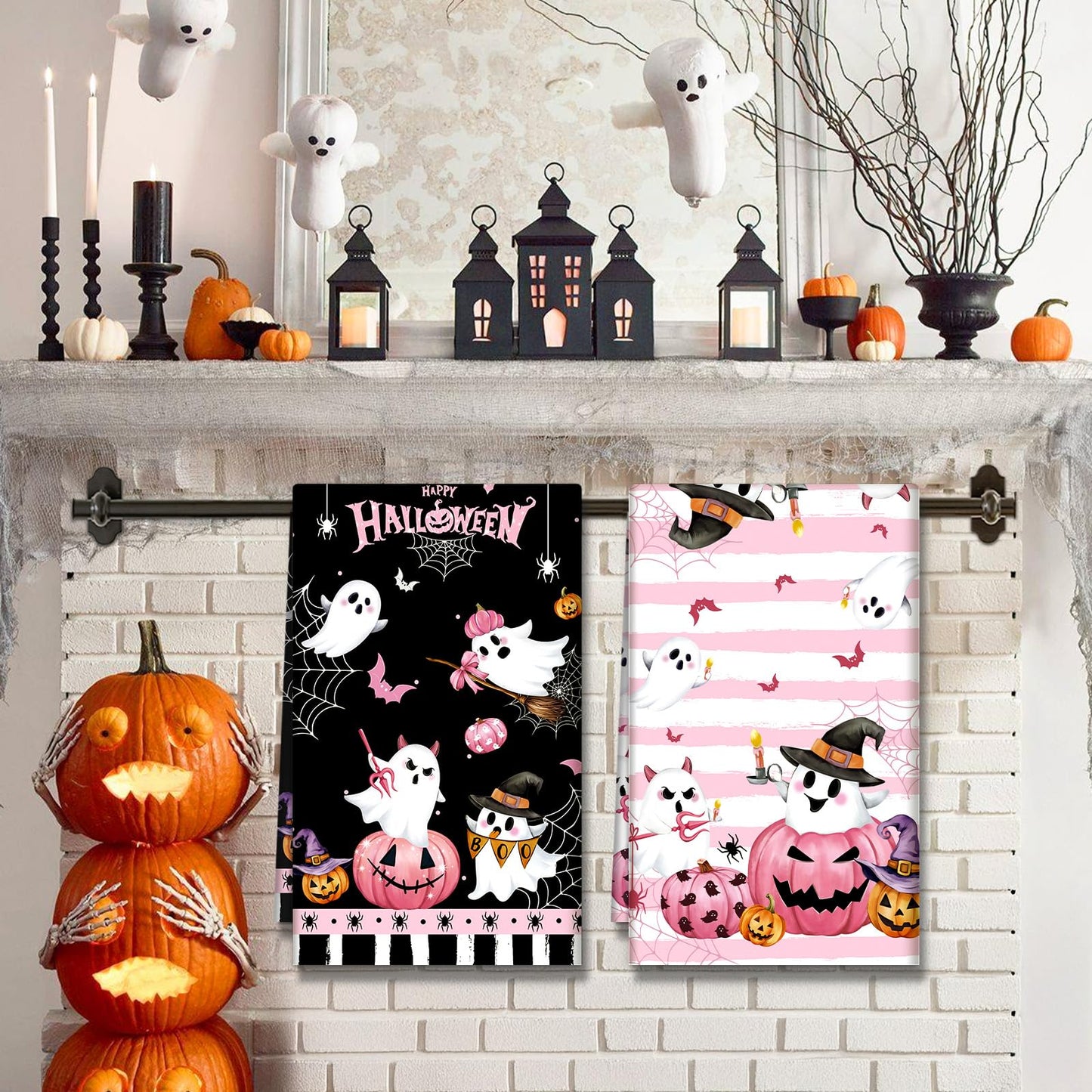 Arquiel Halloween Cute Boo Pumpkin Tea Towels, Cotton Kitchen Towel 18.9 × 27.5 Inch, Quick Drying Dish Cloth for Party Anniversary Holiday Decoration Housewarming Gifts