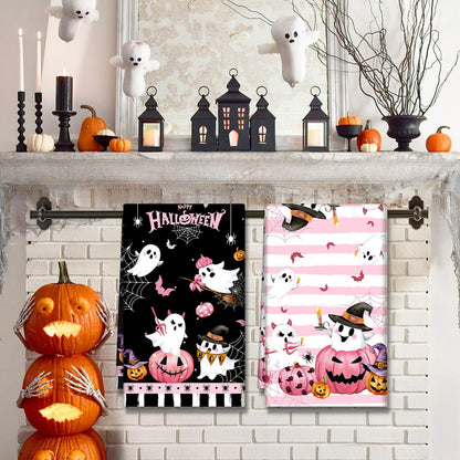 Arquiel Halloween Cute Boo Pumpkin Tea Towels, Cotton Kitchen Towel 18.9 × 27.5 Inch, Quick Drying Dish Cloth for Party Anniversary Holiday Decoration Housewarming Gifts